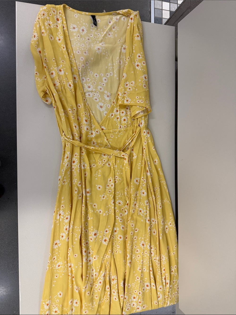Sunny Yellow Floral Wrap Midi Dress with Daisies